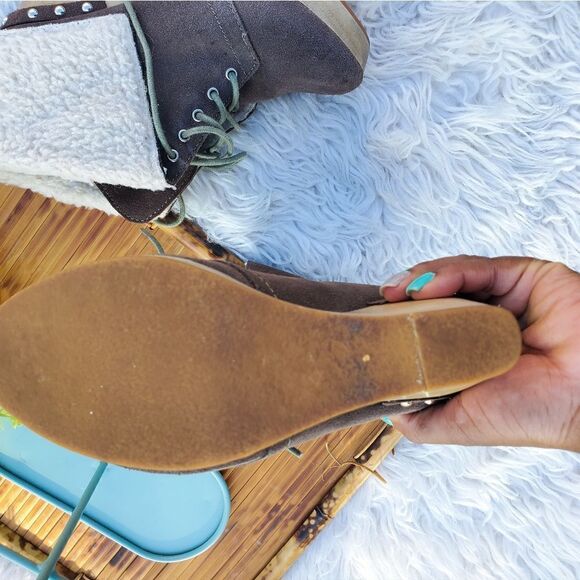 Naughty Monkey Taupe Suede Round Toe  Leather Fleece Foldover Wedge Heel Boots - Picture 5 of 12